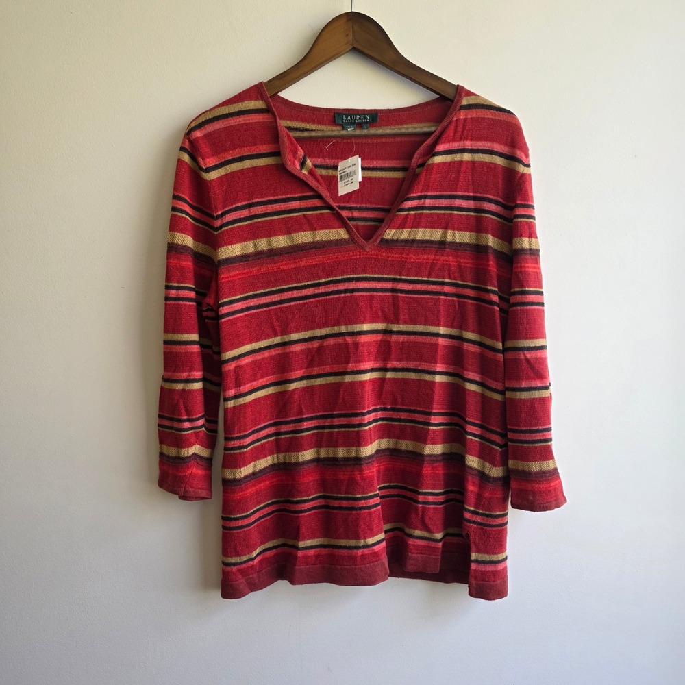 Lauren Ralph‎ Lauren Red Southwestern Striped Split Neck Knit Top NWT Large